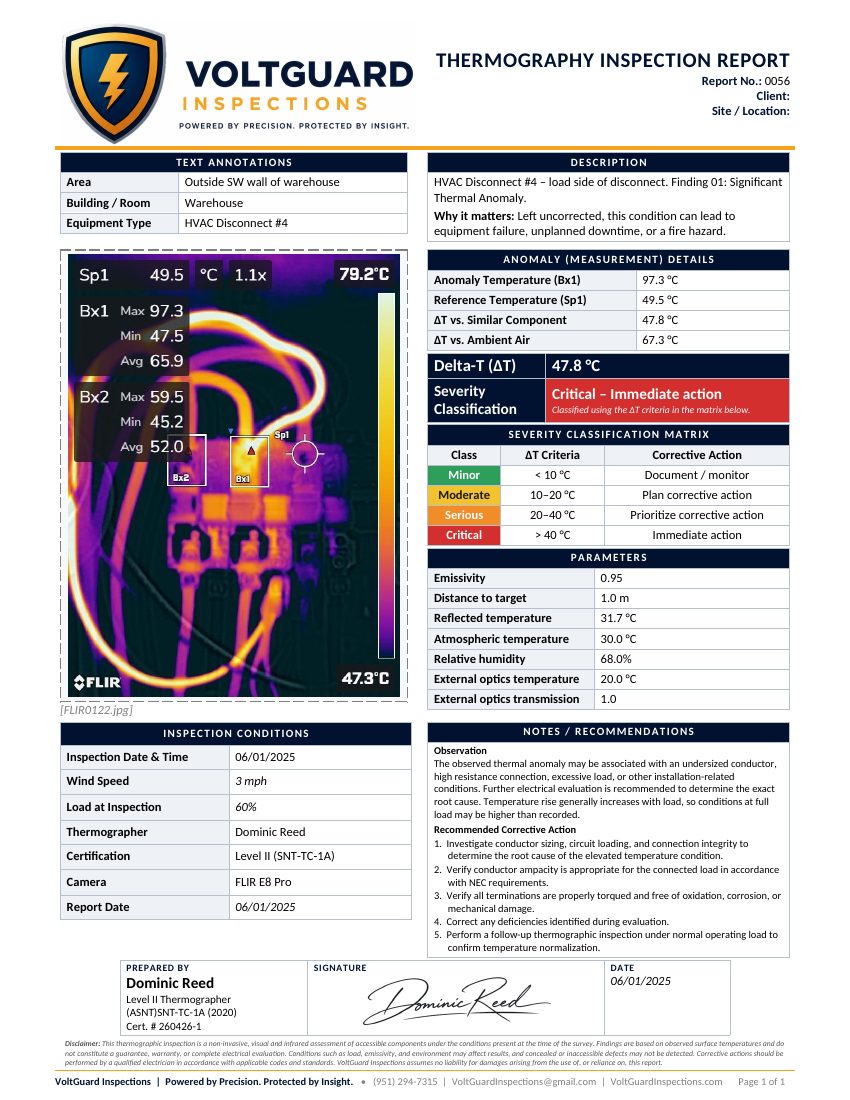 Sample VoltGuard thermography inspection report page showing a thermal image, measurements, severity classification, and recommendations